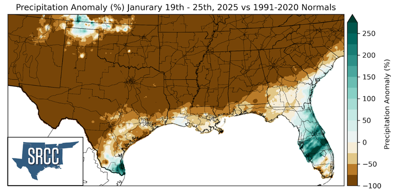 Graphic showing the precipitation anomalies across the Southern Region for January 19th - 25th