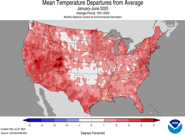 Mean Temperature Departures from Average January-June 2025