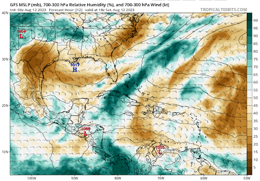 Map depicting relative humidity in the atmosphere