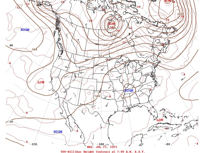 Weather Prediction Center's 500mb analysis valid 07/23/2025 at 6am CDT