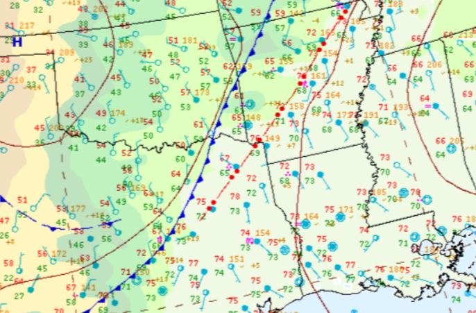 Surface Analysis displaying a cold front and squall line