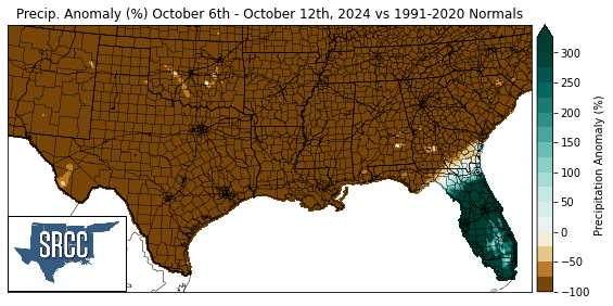 Precipitation Anomaly % October 6-12, 2024 vs 1990-2020 Normals