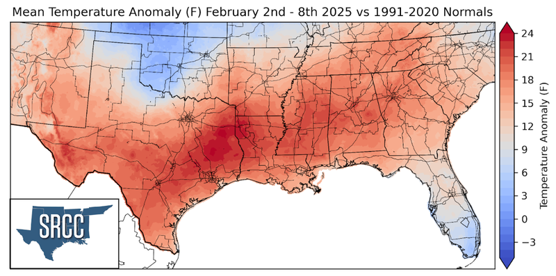 Graphic showing the mean temperature anomalies across the Southern Region for February 2nd - 8th