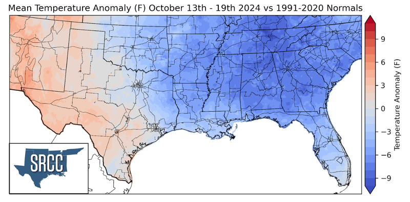 Graphic showing the mean temperature anomalies across the Southern Region for October 13th - 19th