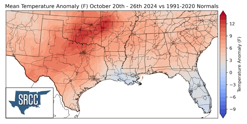 Graphic showing the mean temperature anomalies across the Southern Region for October 20th - 26th