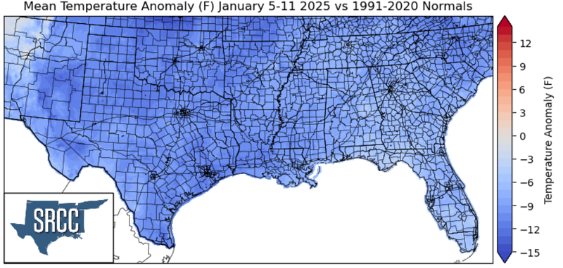 Graphic showing the mean temperature anomalies across the Southern Region for January 5th - 11th