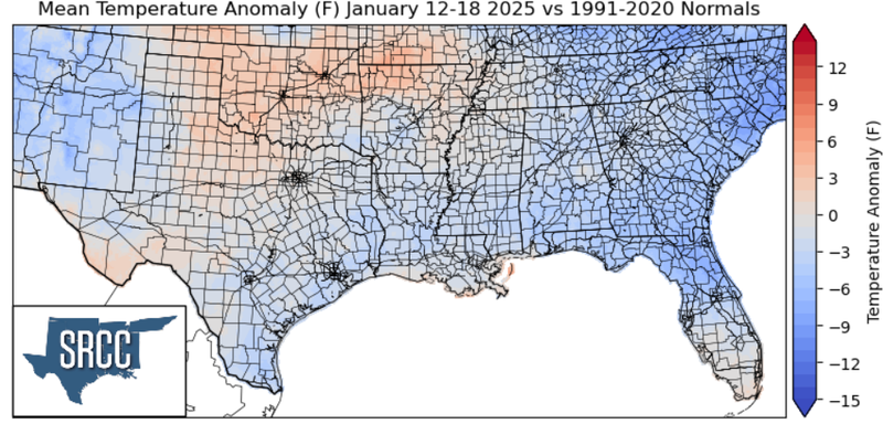 Graphic showing the mean temperature anomalies across the Southern Region for January 12th - 18th