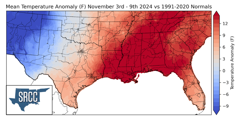 Graphic showing the mean temperature anomalies across the Southern Region for November 3rd - 9th