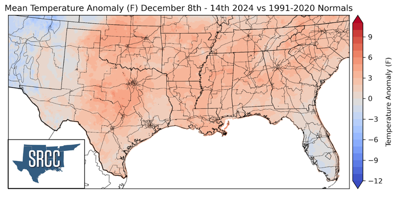 Graphic showing the mean temperature anomalies across the Southern Region for December 8th - 14th