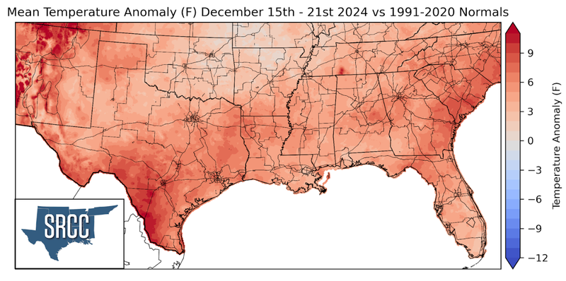 Graphic showing the mean temperature anomalies across the Southern Region for December 15th - 21st