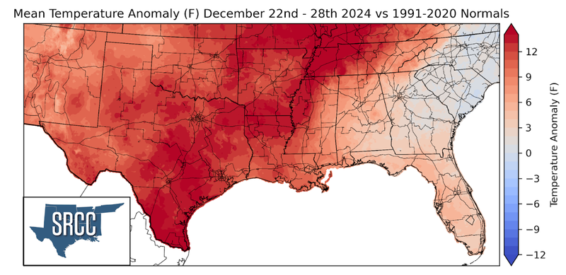 Graphic showing the mean temperature anomalies across the Southern Region for December 22nd - 28th