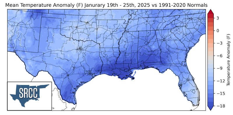 Graphic showing the mean temperature anomalies across the Southern Region for January 19th - 25th