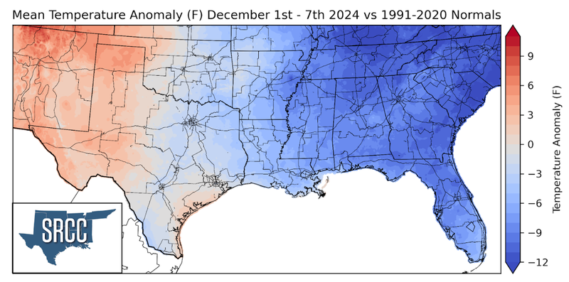 Graphic showing the mean temperature anomalies across the Southern Region for December 1st - 7th