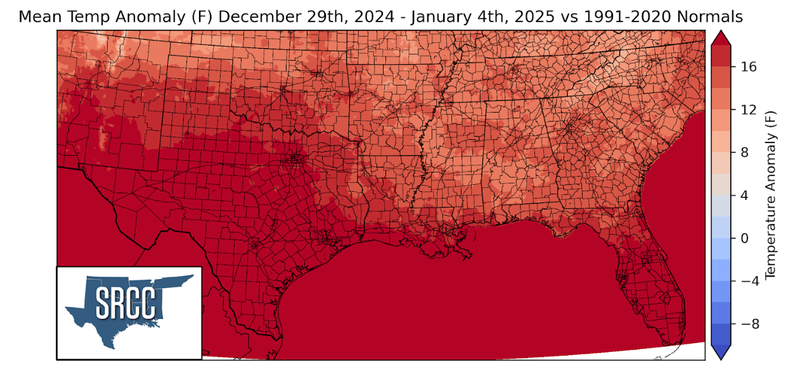 Graphic showing the mean temperature anomalies across the Southern Region for December 29th - January 4th