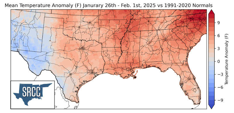 Graphic showing the mean temperature anomalies across the Southern Region for January 26th - February 1st