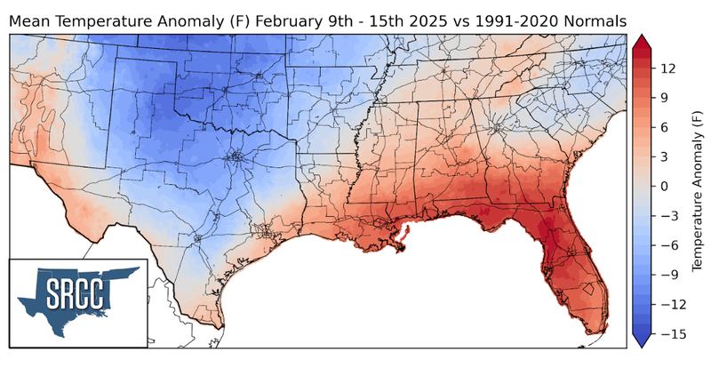 Graphic showing the mean temperature anomalies across the Southern Region for February 9th - 15th