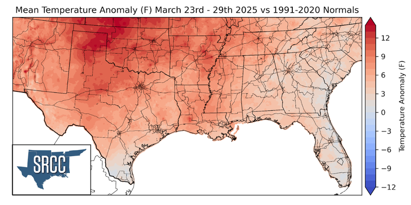 Graphic showing the mean temperature anomalies across the Southern Region for March 23rd - 29th