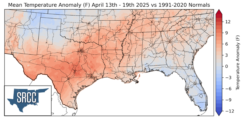 Graphic showing the mean temperature anomalies across the Southern Region for April 13th - 19th