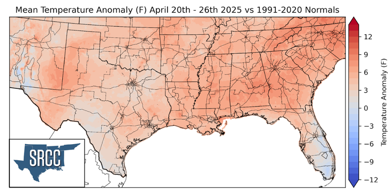 Graphic showing the mean temperature anomalies across the Southern Region for April 13th - 19th
