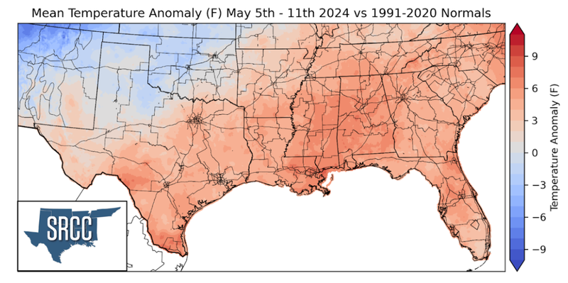 Graphic showing the mean temperature anomalies across the Southern Region for May 5th - 11th