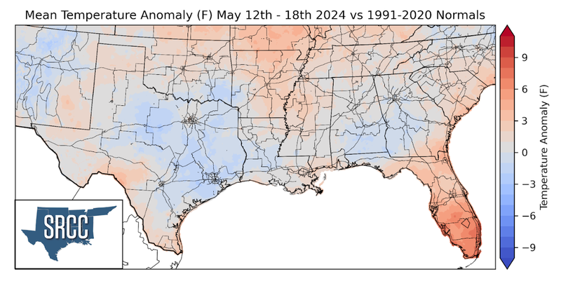 Graphic showing the mean temperature anomalies across the Southern Region for May 12th - 18th