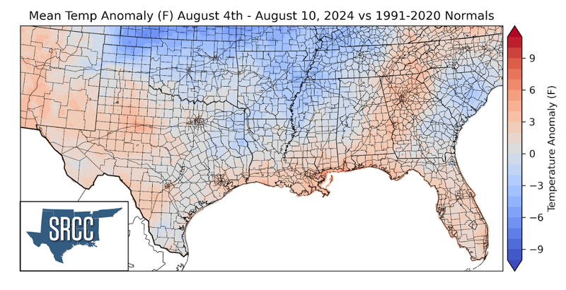 Graphic showing the mean temperature anomalies across the Southern Region for August 4th - 10th