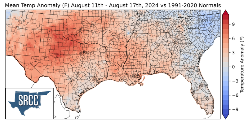 Graphic showing the mean temperature anomalies across the Southern Region for August 11th - 17th