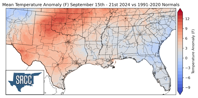 Graphic showing the mean temperature anomalies across the Southern Region for September 15th - 21st