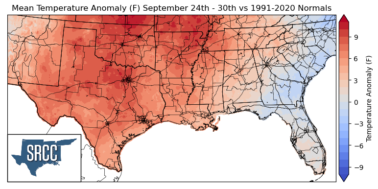 Graphic showing the mean temperature anomalies across the Southern Region for September 24th - 30th