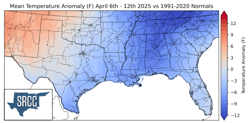 Graphic showing the mean temperature anomalies across the Southern Region for April 4th - 12th