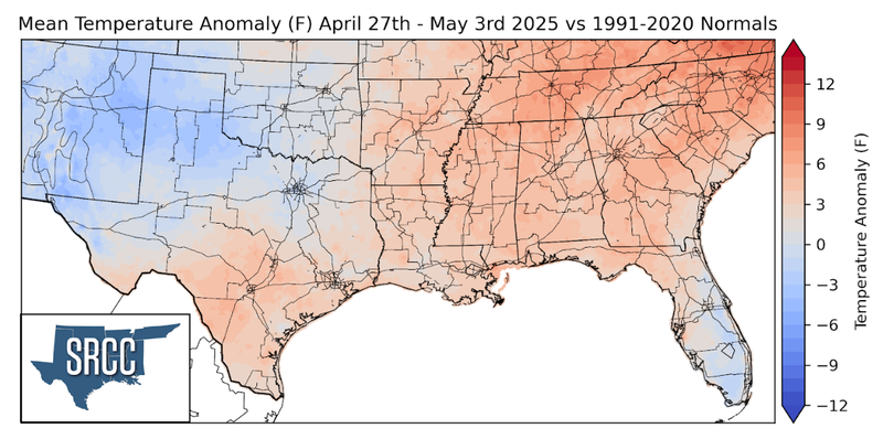Graphic showing the mean temperature anomalies across the Southern Region for April 27th - May 3rd