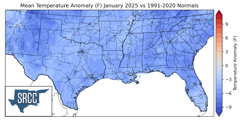 Graphic showing the mean temperature anomalies across the Southern Region for January