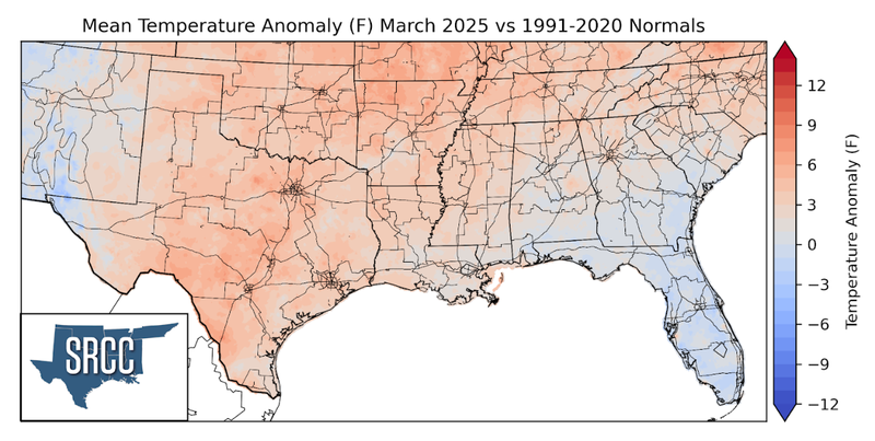 Graphic showing the mean temperature anomalies across the Southern Region for March