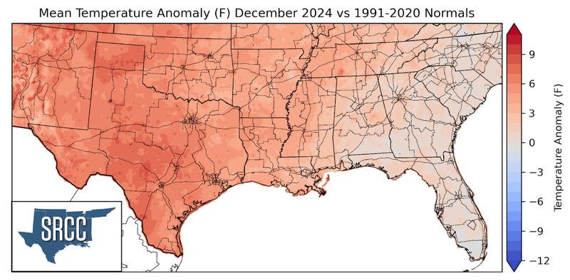 Graphic showing the mean temperature anomalies across the Southern Region for December