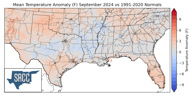 Graphic showing the mean temperature anomalies across the Southern Region for September