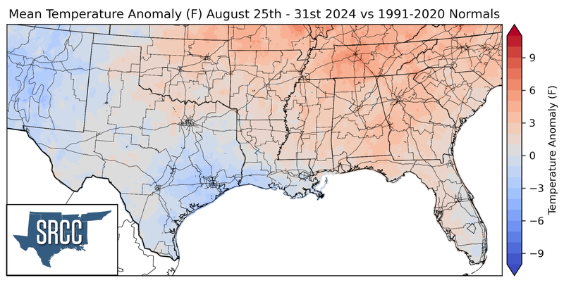 Graphic showing the mean temperature anomalies across the Southern Region for August 25th - 31st