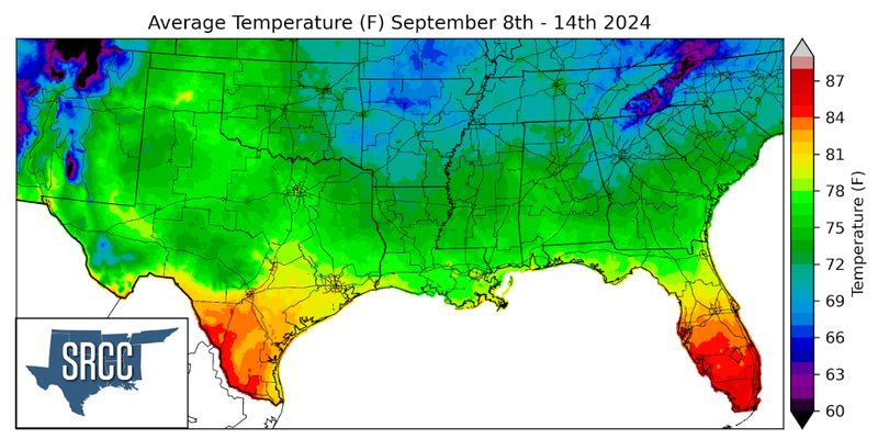 Graphic showing the average temperature across the Southern Region for September 8th - 14th