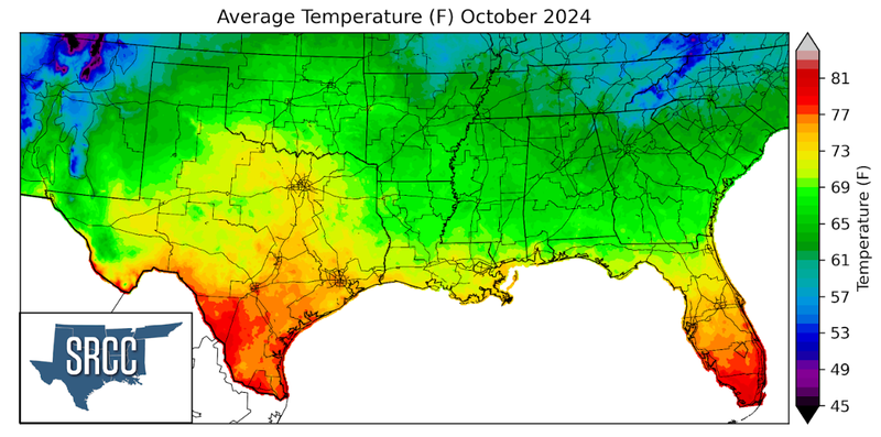 Graphic showing the average temperature across the Southern Region for October