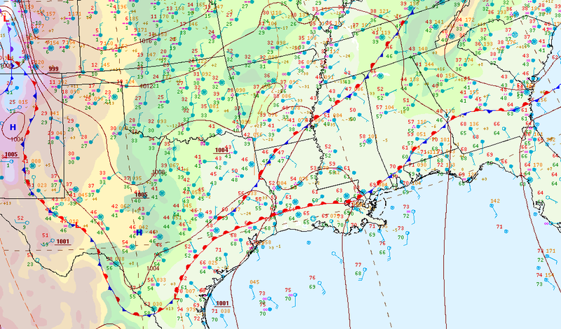 Surface analysis displaying widespread precipitation