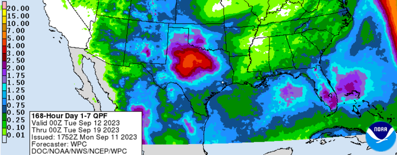 Map showing forecasted 7 day precipitation accumulation