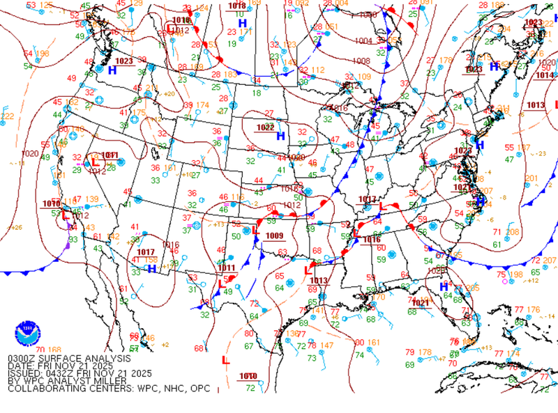 Weather Prediction Center Surface Map Analysis: November 21st, 2025 valid 9pm CST